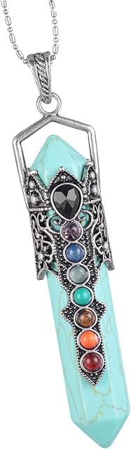 Nupuyai Vintage 7 Chakra Crystal Point Pendant Necklace for Men Women, Hexagonal Pendulum Reiki Healing Stone Pendant with Chain