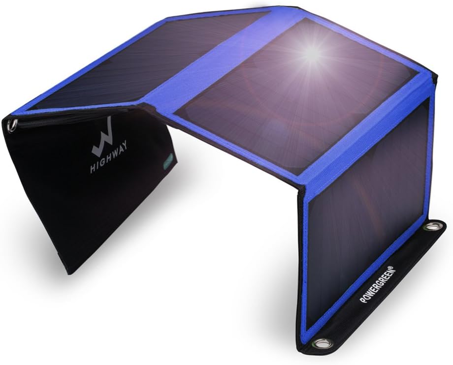 PowerGreen Solar Charger 21W Portable Foldable Solar Panel with 2 USB Ports for all 5V Mobile Devices (Blue)