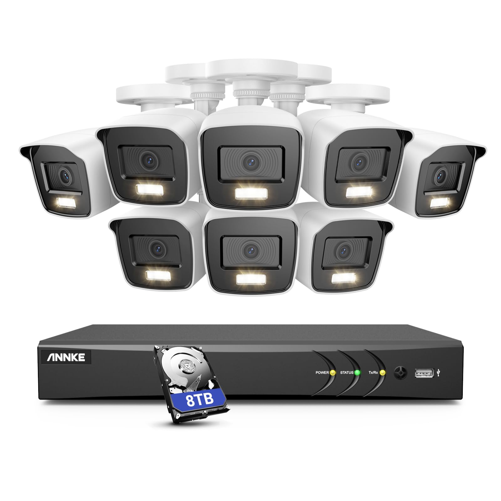 ANNKE 8 Channel Security Camera System, AI DVR with Human/Vehicle Detection, 8CH 5-in-1 H.265+ Digital Video Recorder Works with Alexa, 8X 2MP Wired Cams with Full Color Night Vision, 8TB Hard Drive