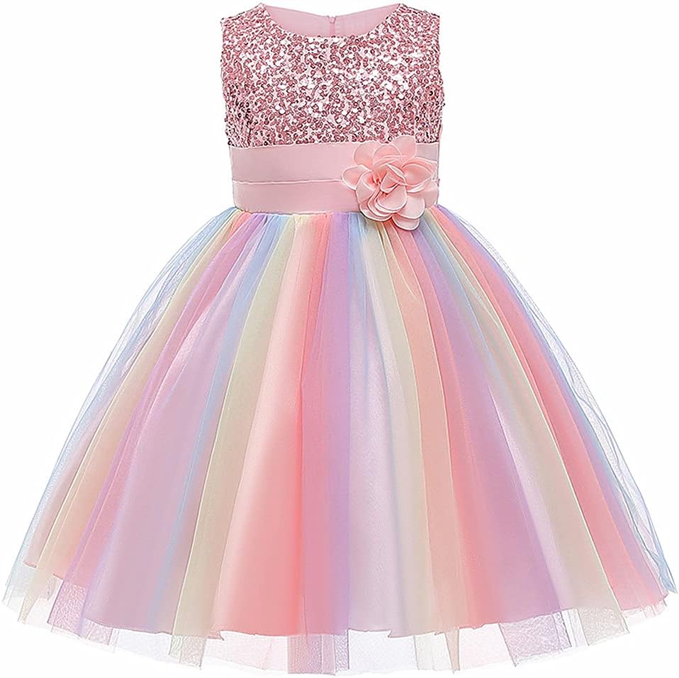 Super Fairy Flower Girls Sequin Mesh Tulle Rainbow Party Dress Princess Lace Ball Gown