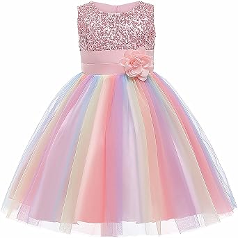 Flower Girls Wedding Party Dress Sequin Rainbow Mesh Tulle Princess Lace Ball Gown Prom