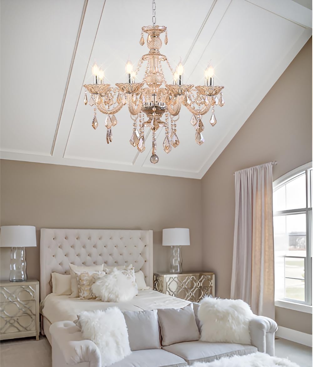 Contemporary Crystal Chandelier 8-Light for Dinning Room,Cognac K9 Crystal Candle Chandeliers Lighting Crystal Ceiling Pendant Light Fixtures for Bedroom Kitchen Lobby Stair (8 Lights)