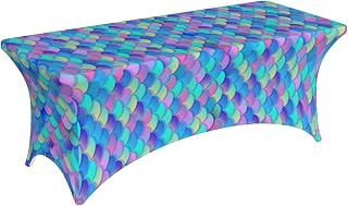 Table Cloths for 6 Foot Rectangle Tables - Blue Purple Rainbow Fish Scale Print Elastic Tablecloths Rectangular, Stretch Spandex Table Cover Fitted Tablecloth for Party, Events, Wedding and Banquet