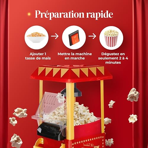 NK Machine Pop Corn Rétro 1.200W à Air Chaud - Machine à Popcorn Électrique Sans Huile, 0.3L, Prête en 2 Min, Compacte et Vintage, Idéale pour la Maison (Rouge) - 3