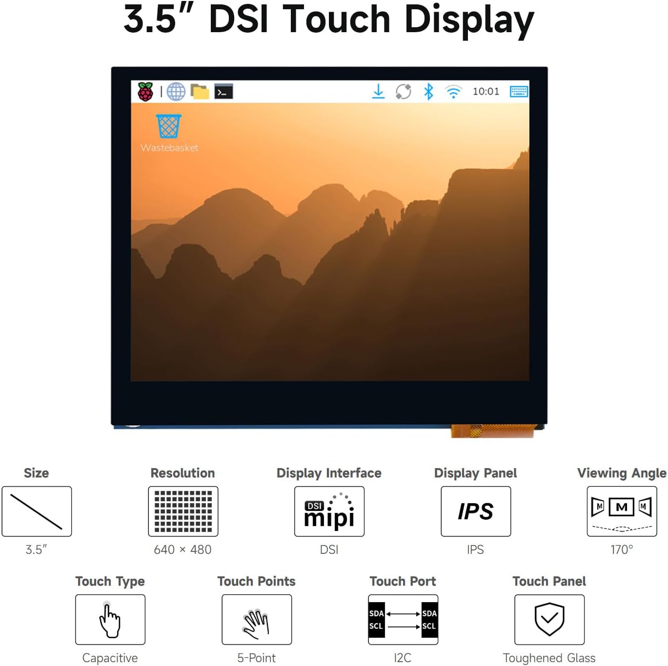 Waveshare 3.5inch DSI Capacitive Touch Display, Compatible with Raspberry Pi 5/4/3B+ Series Boards, 5-Point Touch, 640 × 480 Pixels, IPS Display Panel