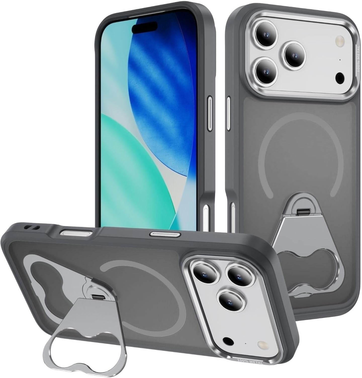 Magnetic Frosted Translucent Case for iPhone 17/17 Air/17 Pro/17 Pro Max, Rotating Folding Ring Kickstand & Shockproof Protection Cover(Gray,17)