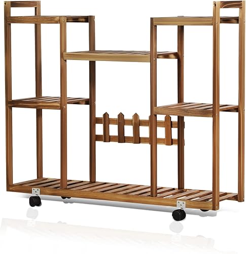 Miniatura 2 de Magshion Soporte rodante de madera de pino de 4 niveles para interiores y exteriores, soporte múltiple para macetas, estante superior inferior con