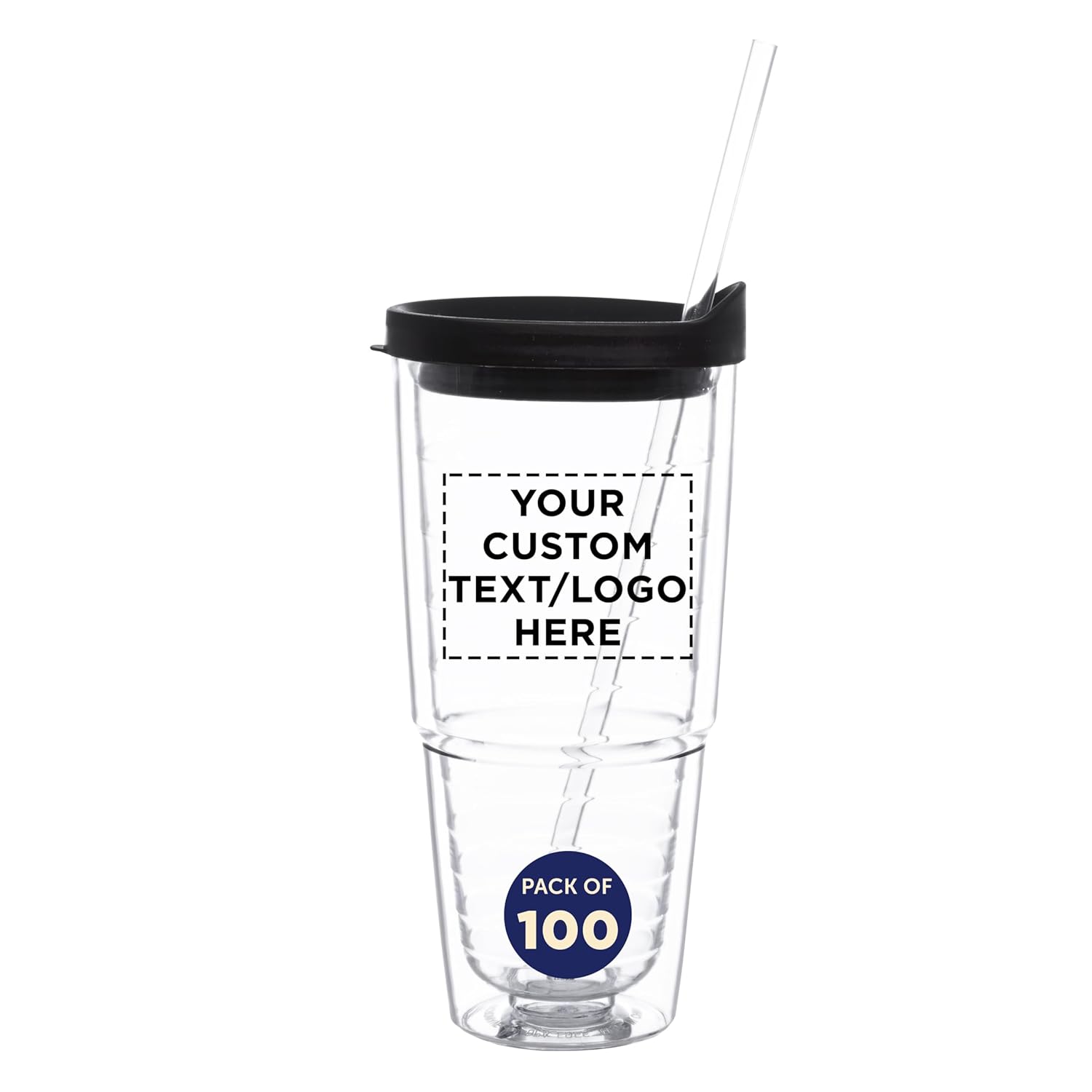 DISCOUNT PROMOS Custom Double Wall Acrylic Tumblers with Straw 24 oz Set of 100 Personalized Bulk Pack -