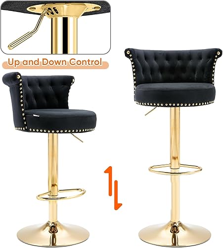 Miniatura 8 de Taburetes de bar giratorios modernos, taburetes de bar ajustables de altura de mostrador dorados con respaldo, sillas de bar tapizadas de terciopelo
