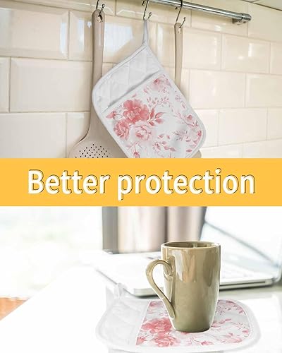 Miniatura 35 de Juego de 4 agarraderas de tela de rizo con diseño de flores navideñas para cocina, antideslizantes y aislantes de calor, con bolsillo, guantes