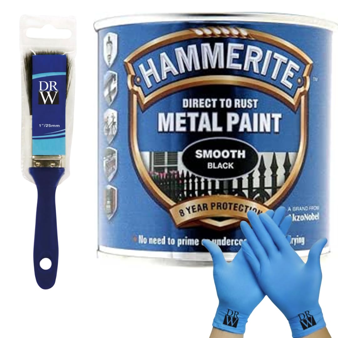 DRW Hammerite Direct to Rust Metal Paint Smooth Black 250ml 1" Paint Brush & Free Nitrile Gloves | Durable Anti-Rust Protection for Indoor & Outdoor Metal