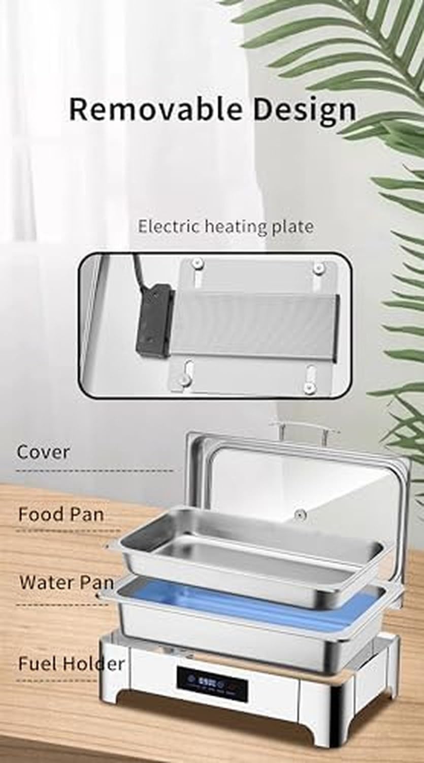Set di scaldavivande in acciaio inox con coperchio ribaltabile e riscaldamento a LED per catering, banchetti, eventi, scaldavivande, confezione da 2