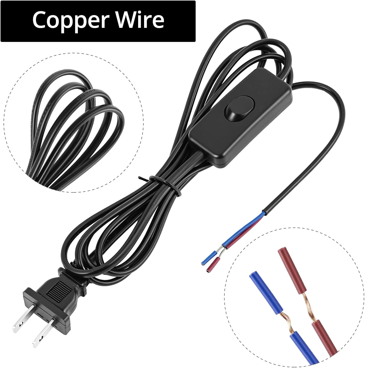 QWORK Lamp Cord with Switch Plug, 10 Pack 6 Ft Prong Power Cord, Pure Copper Wire Stripped Ends Ready for Light Project and Repair Lights