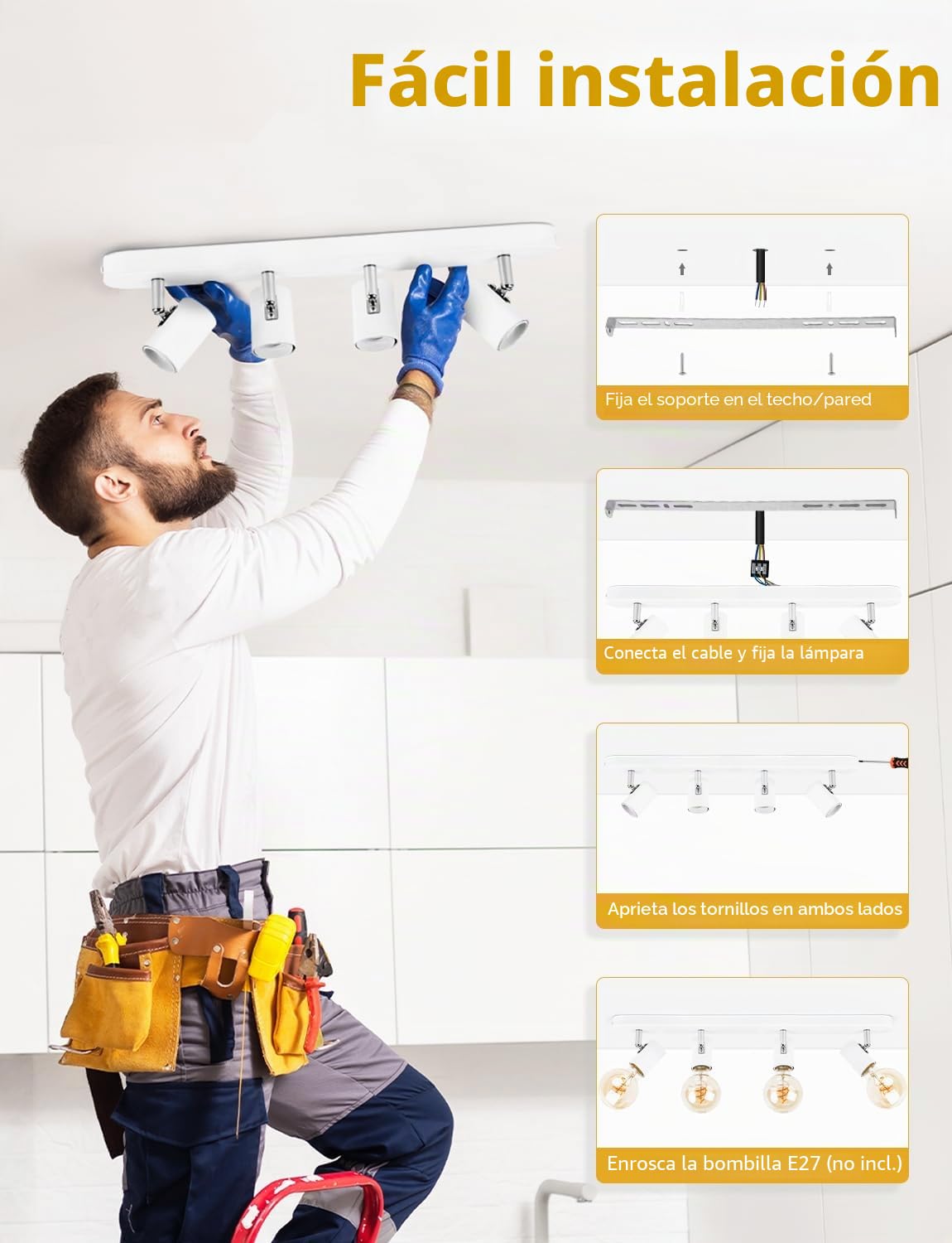 KYOTECH Lámpara de Techo con 4 Focos Blanco, Plafón LED Techo E27 Ajustables y Giratorios, Retro Aplique Pared Bombilla E27 para Interiores Dormitorio Sala Cocina Corredor, Max. 60W, Sin Bombilla