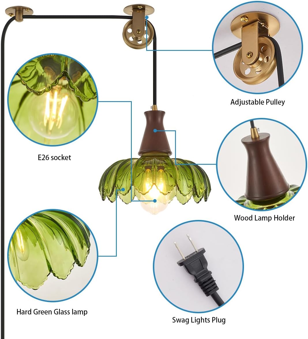 YLONG-ZS Vintage Plug in Pendant Light, Boho Hanging Lamp Plug in Pulley Green Glass Pendant Lamp, Modern Walnut Color Wood Hanging Light for Kitchen Island, Bedroom, Dining Room, Living Room