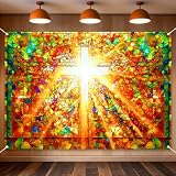 Church Stained Glass Backdrop 7x5ft, Glowing Cross Photography Background, Christian Religious Church Backdrop...
