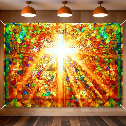 Church Stained Glass Backdrop 7x5ft,Glowing Cross Christian Religiou Banner