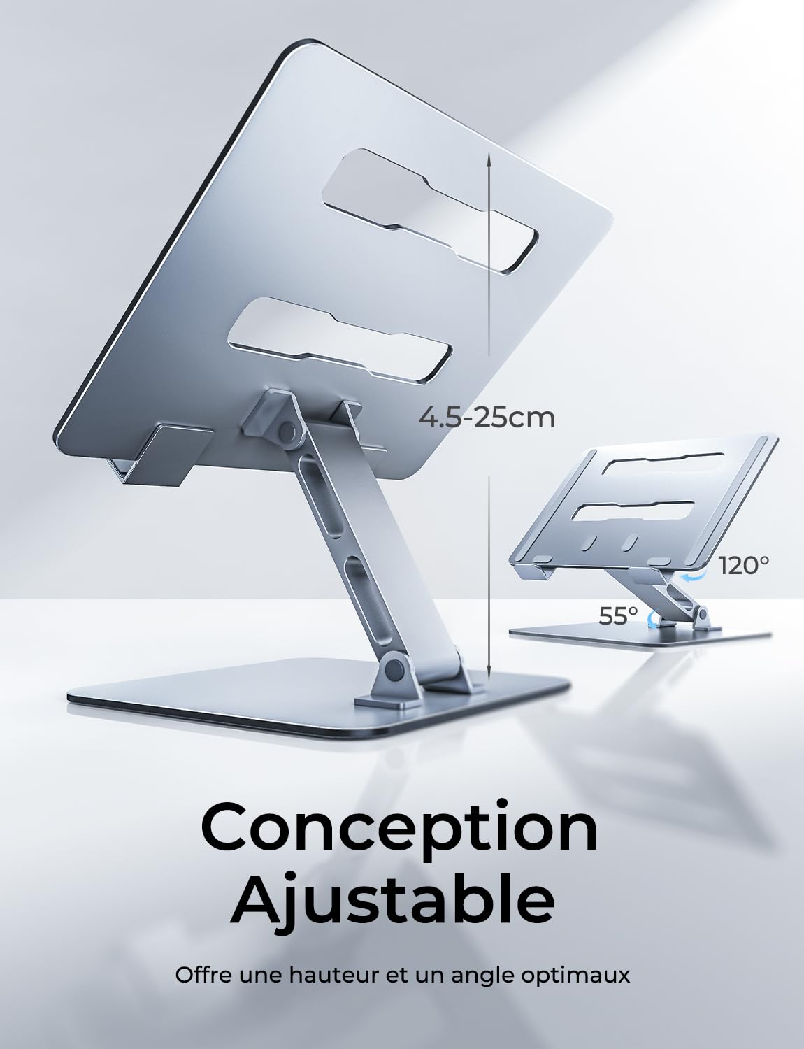 CIRYCASE Support Ordinateur Portable Bureau, Rehausseur PC Portable Stable Aluminium, Ergonomique Laptop Stand Ventilé Réglable & Pliable Porte-Copie, pour MacBook, HP et Autres Notebooks 10-16"