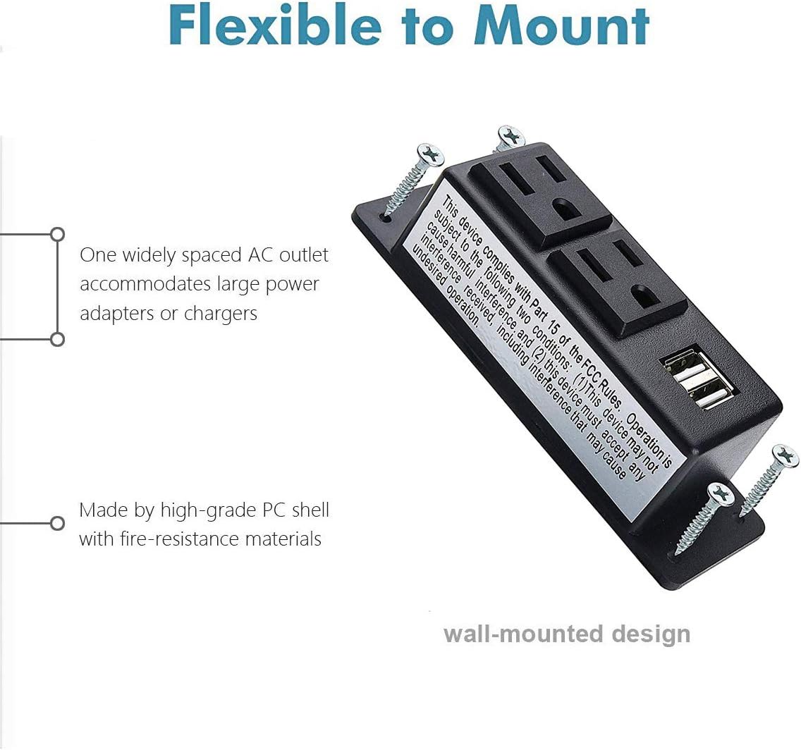 Desk Power Socket with USB Port, Recessed 2 Plugs Outlets, Power Strip 6.6 ft Extension Cord Mountable Under Table Wall Mounting (Black)