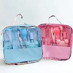 Kit de Higiene e Cuidados para Bebê Recém-Nascido com Bolsa Organizadora – Disponível nas Cores Rosa ou Azul – Termômetro de Água, Aspirador Nasal, Cortador de Unhas, Escova, Pente, escovinha de gengiva de silicone, colher dosadora, pinça dentre outros. (Rosa) (Rosa)