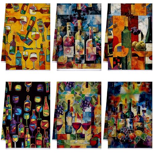 Image of Bencailor 6 Pcs Picasso Wine Kitchen Towels Decorative Sets Dish Towels Absorbent Fast Drying Hand Tea Vintage Hanging Reusable Cleaning Dishcloths for Cooking Farmhouse Bathroom Accessory