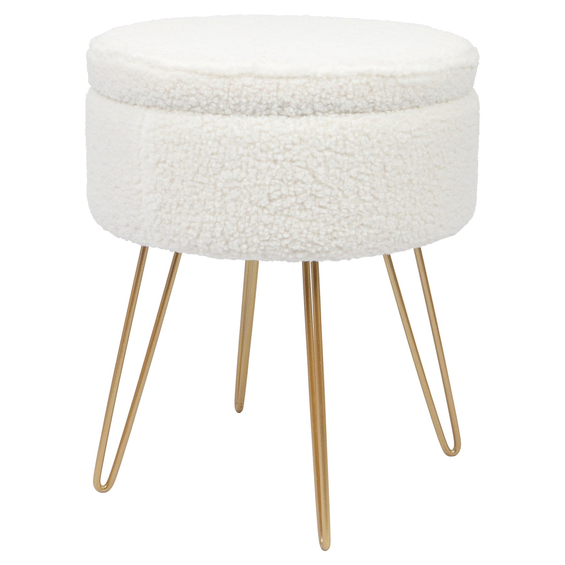 Harbour Housewares Boucle Round Foot Stool with Storage - Cream with Gold Legs - Modern Dressing Table Pouffe Footstool Vanity Chairs Footstools for Living Room
