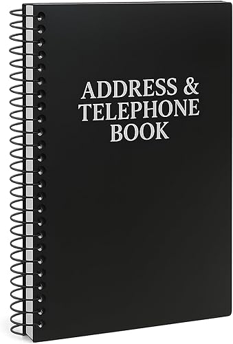 Iconikal Libreta telefónica de direcciones, 8 x 5 pulgadas, negro, encuadernada en espiral, 384 contactos, organizador para organizar nombres,