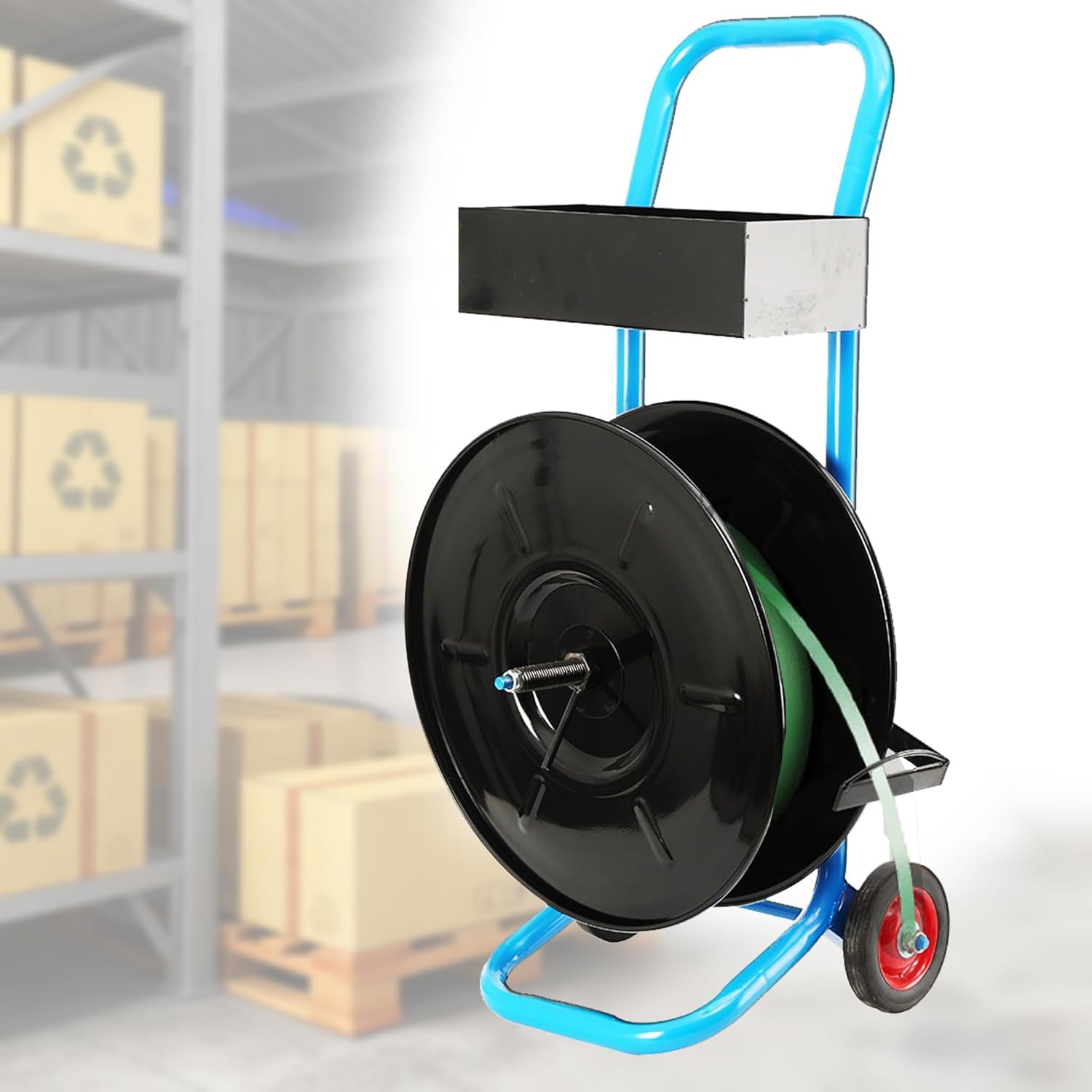 Carro Flejes, para Flejes PP/Pet/Poliester/Acero de 203 mm | Carro Portabobinas de Cerclaje Profesional con Caja de Herramientas y Rueda de Goma de 8 Pulgadas, Carro Portafleje de 13mm