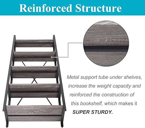 Miniatura 5 de BON AUGURE Estantería industrial para escalera, estantería rústica de 5 niveles, estantería de escalera de metal de madera (roble gris oscuro)