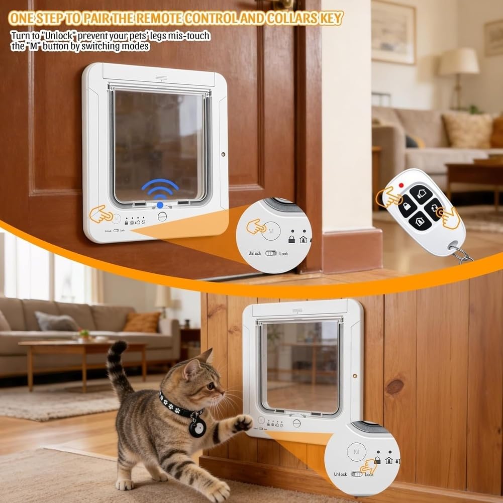 Intelligente Katzenklappe mit 4 Halsband-Sensor-Schlüsseln, RFID-Katzenklappe, die mit Fernbedienung Aktiviert Wird, 4-Wege-Verriegelung