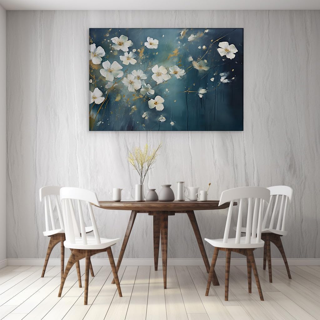 Canvas for Living room. Whispers of White Floral Elegance in a Sea of Blue and Green Hues With a Touch of Gold, 27 x 18 inch Canvas Wall Art - Ready to Hang - 69x46 cm (27x18 inch)