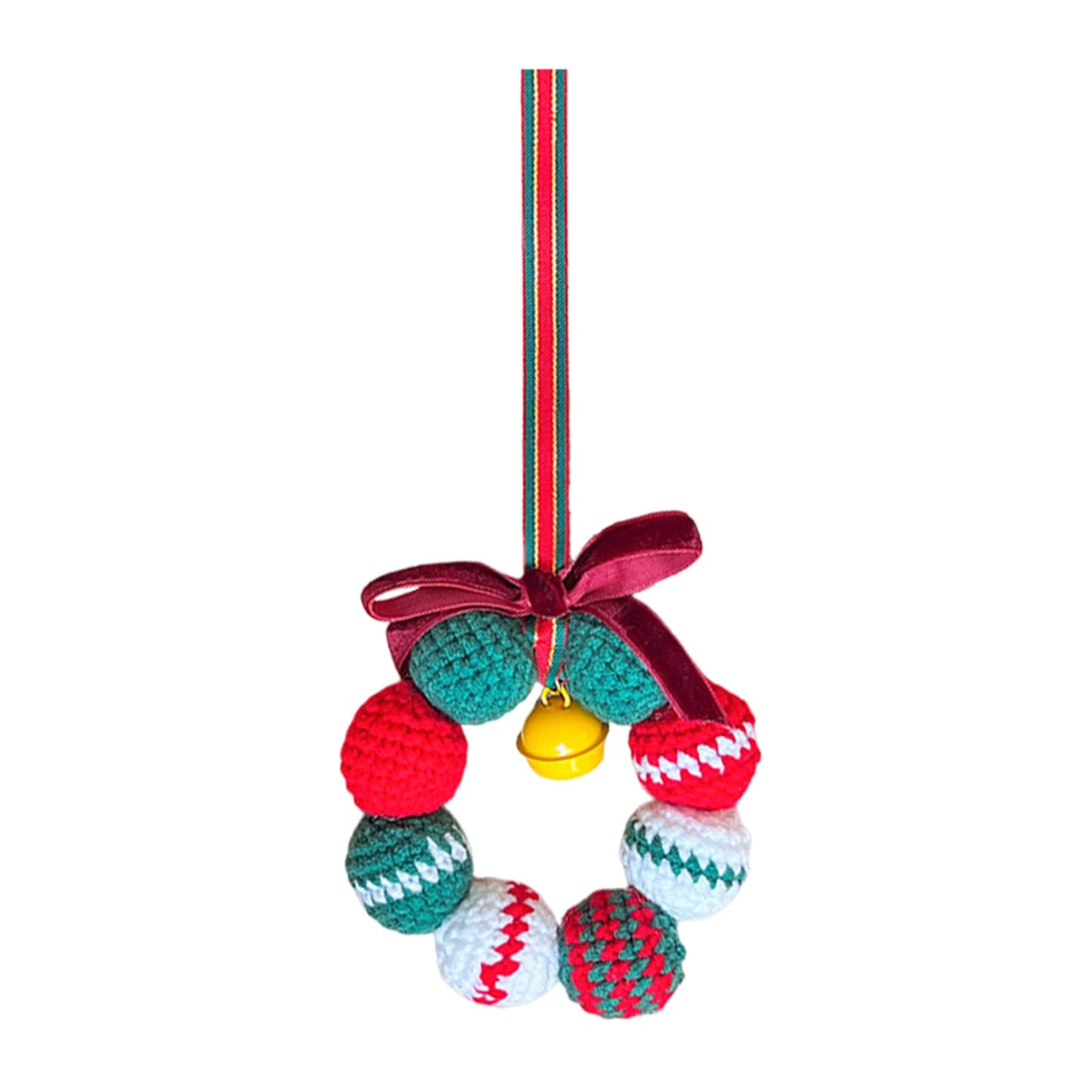 Hand Knitted Christmas Wreath Ornament with Mini Jingle Bell for Winter Holiday Home Window Xmas Tree Decor Small Yarn Bauble 8cm 1pc