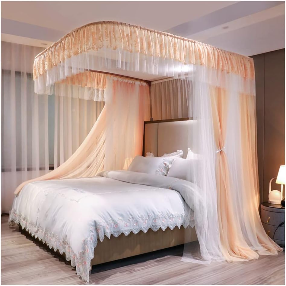 Fabric Bed Drapes Mesh Protection Canopy Shielding Netting,Bed Canopy U-Rail Floor-Standing Mosquito Net, Encrypted Double-Layer Tent with Stainless Steel Bracket, Easy to Disassemble (Color