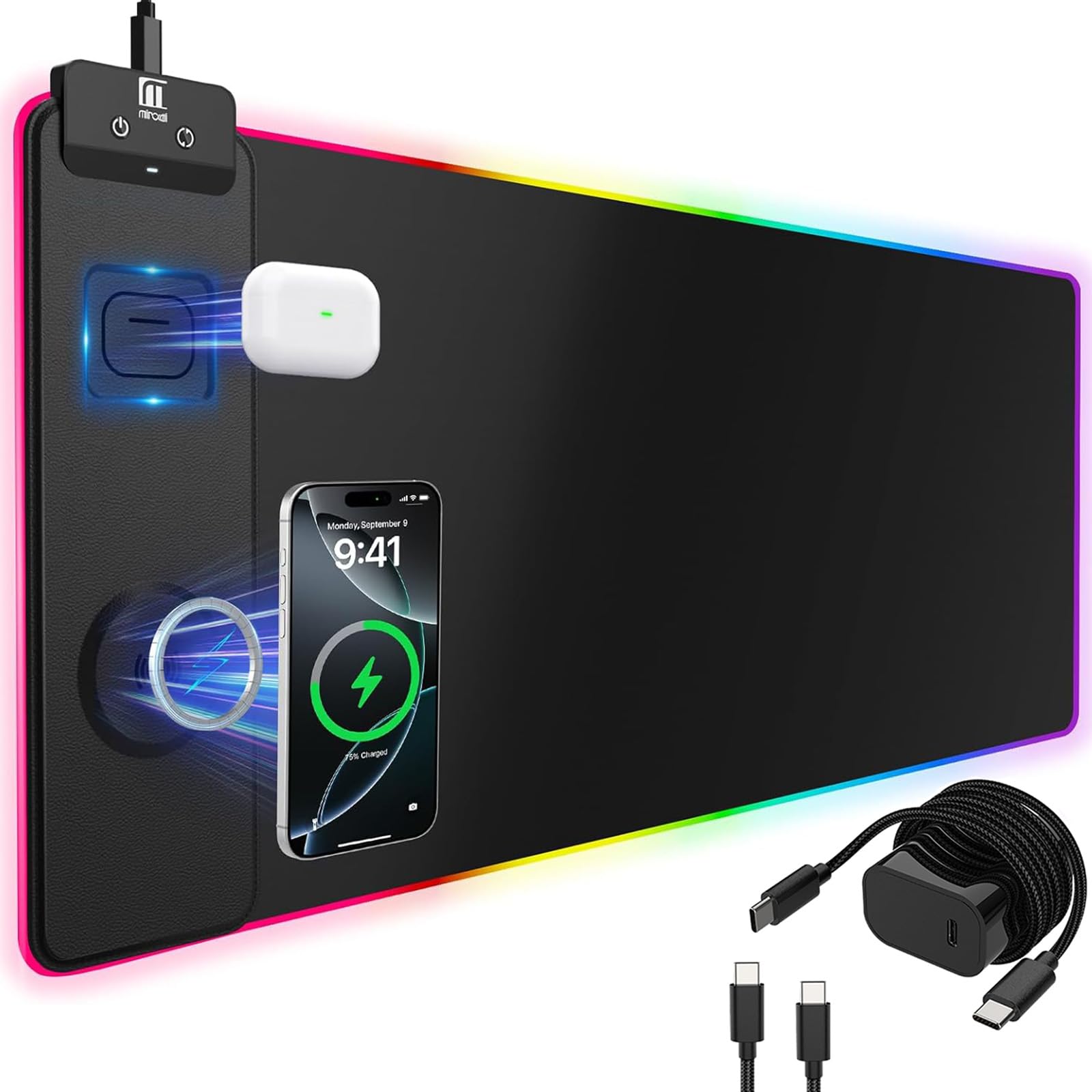 Tappetino per mouse con ricarica wireless magnetica, grande protezione da scrivania, tappetino per mouse nero RGB con caricabatterie rapido da 15 W, spessore 4 mm, antiscivolo, tappetino da scrittura