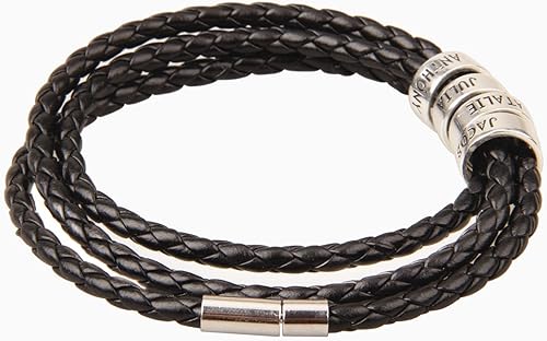 Miniatura 3 de TAONE Personalized Mens Leather Bracelet, Family Name Bracelet,Custom Engraved Name Bracelet, Sterling Silver Beads Bracelet, Fathers Day Gift Lover