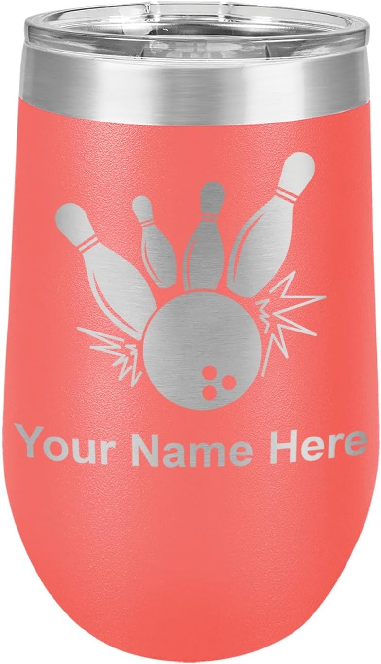 LaserGram 16oz Double Wall Stainless Steel Wine Glass Tumbler, Bowling Ball and Pins, Personalized Engraving Included (Black)