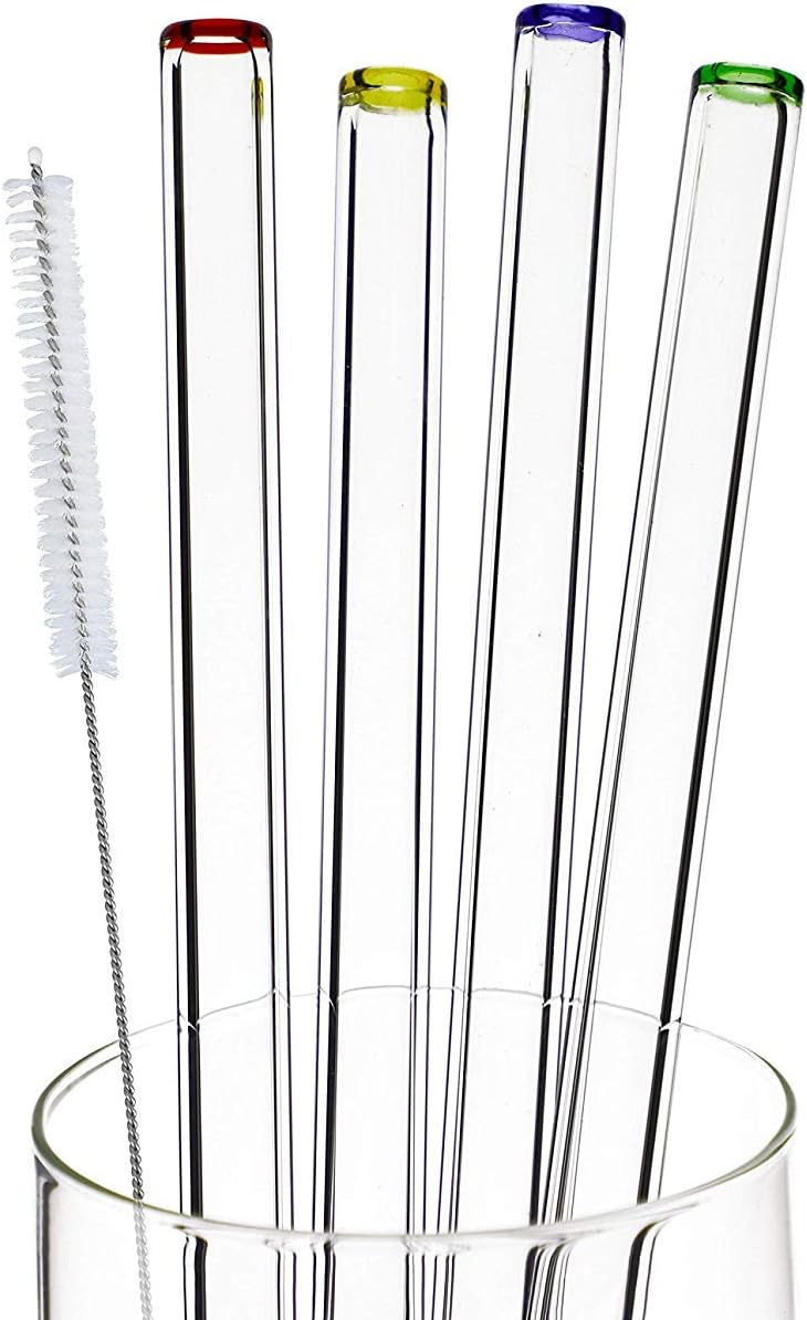 DOCTORBEE 4pcs 9" 9mm Reuseable Straight Glass Straws Handmade Straw with 1 Cleaning Brush Yellow Red Green Blue Lip