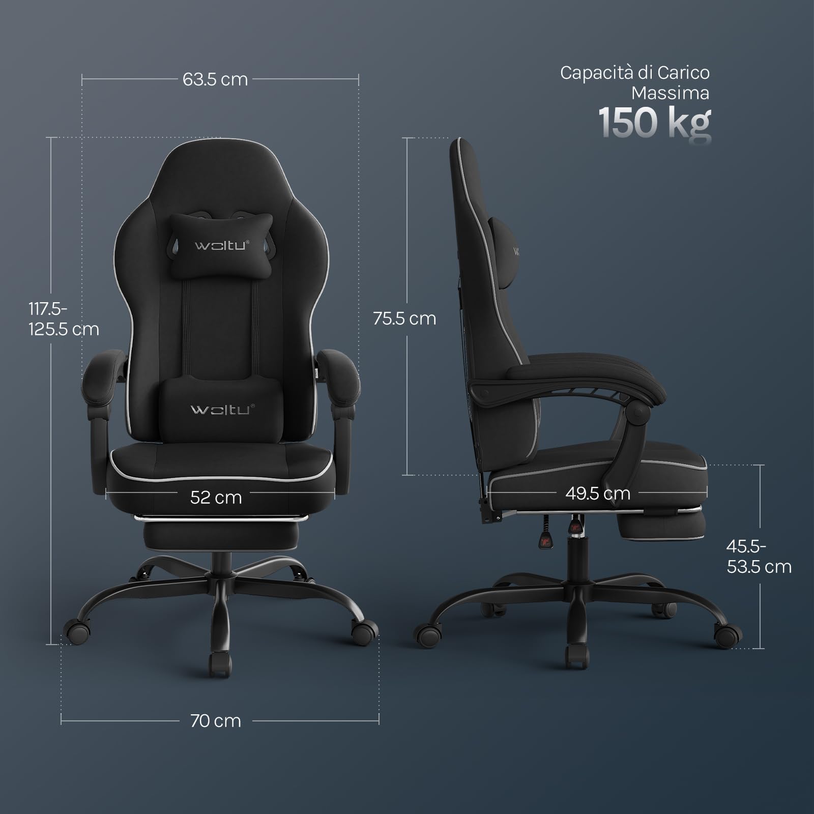 WOLTU Sedia Gaming, Ampia Sedia da Ufficio Ergonomica Imbottita con Cuscino a Molla, Alta Capacità di Carico, Poltrona per Computer con Schienale Alto e Poggiapiedi, Tessuto Tecnologico, Nero, GS10sz