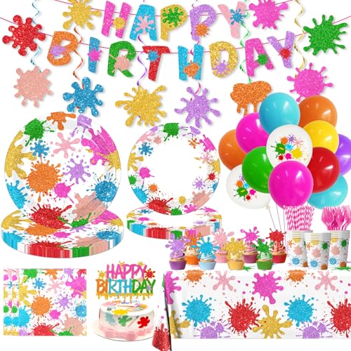 Paint Party Decorations 215Pcs Paint Splatter Party Supplies Art Party Decorations Plates Napkins Cups Balloon Cake Topper Tablecloth for Art Painting Party Supplies Birthday Baby Shower Decorations