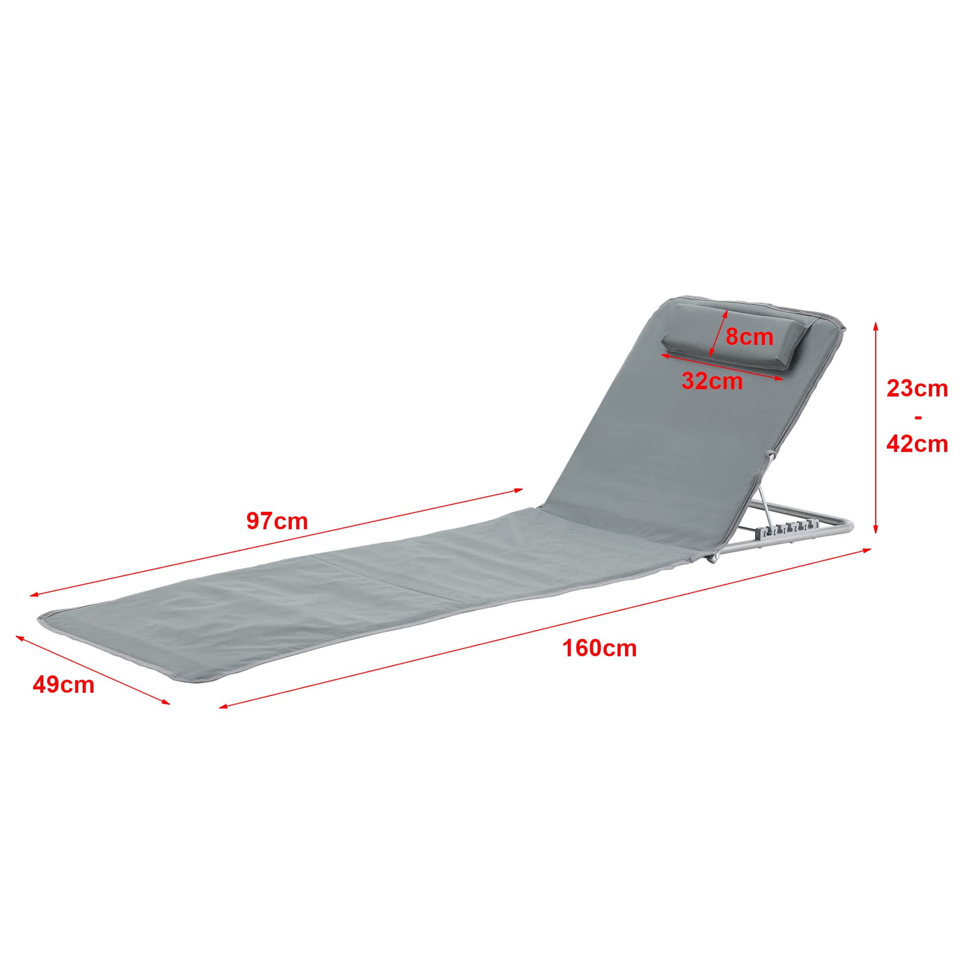 [en.casa] Lot de 2 Tapis de Plage Bain de Soleil avec Dossier Inclinable avec Repose-Tête Sac de Transport Acier Polyester 160 x 49 cm Gris Foncé