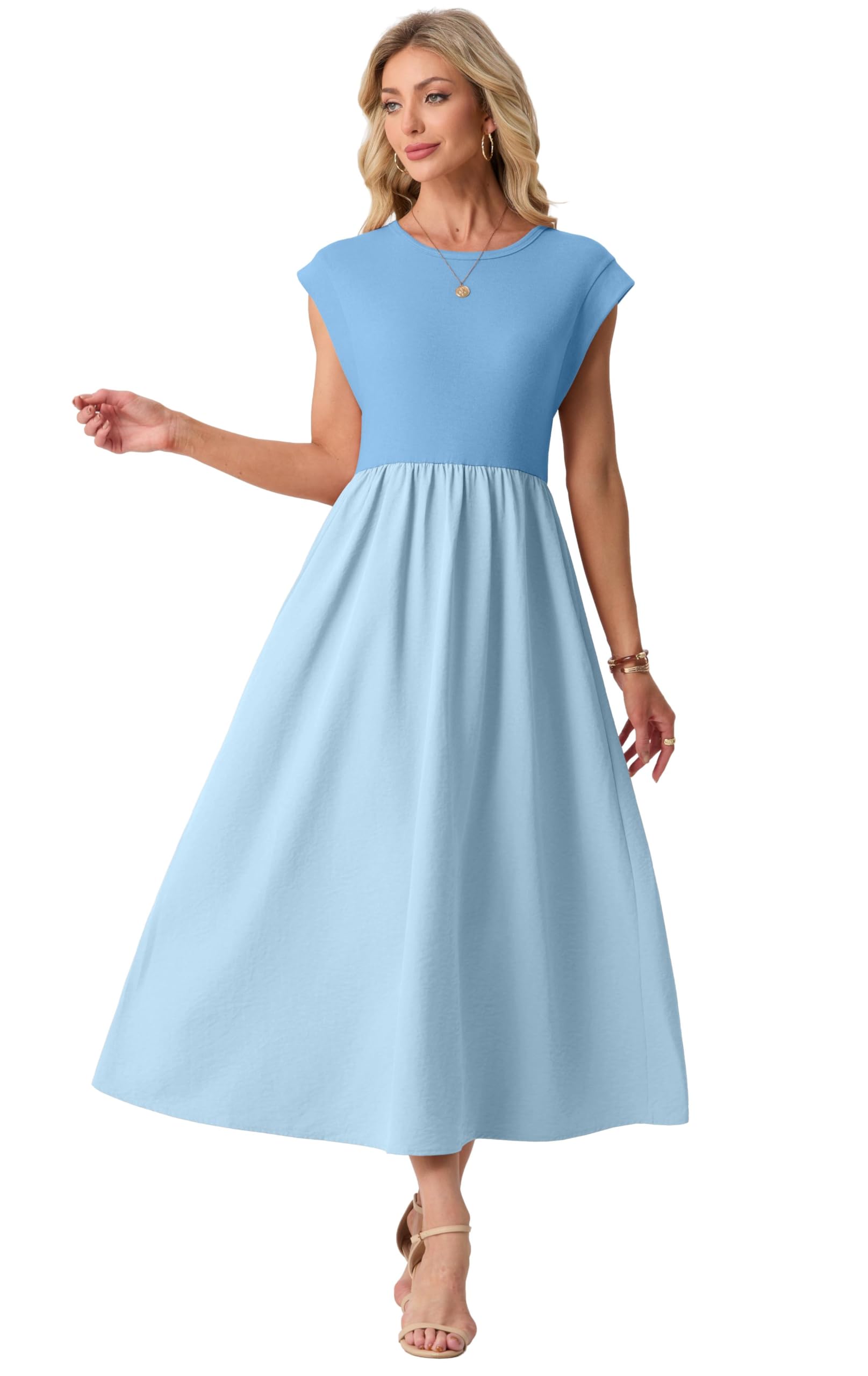 GRECERELLE Letnie sukienki dla kobiet UK Cap Sleeve damskie sukienki maxi elegancka sukienka midi o linii A Casual długie sukienki z kieszeniami na święta i do noszenia na co dzień