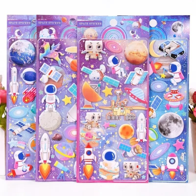 Image of Crackles Kawaii 3D Puffy Stickers for Kids, 3D Stickers for Craft Book & Scrapbook, Self-Adhesive Kawaii Stickers Set, Cute Stickers for Girls and Boys(Astronaut Theme) (Pack of 4)