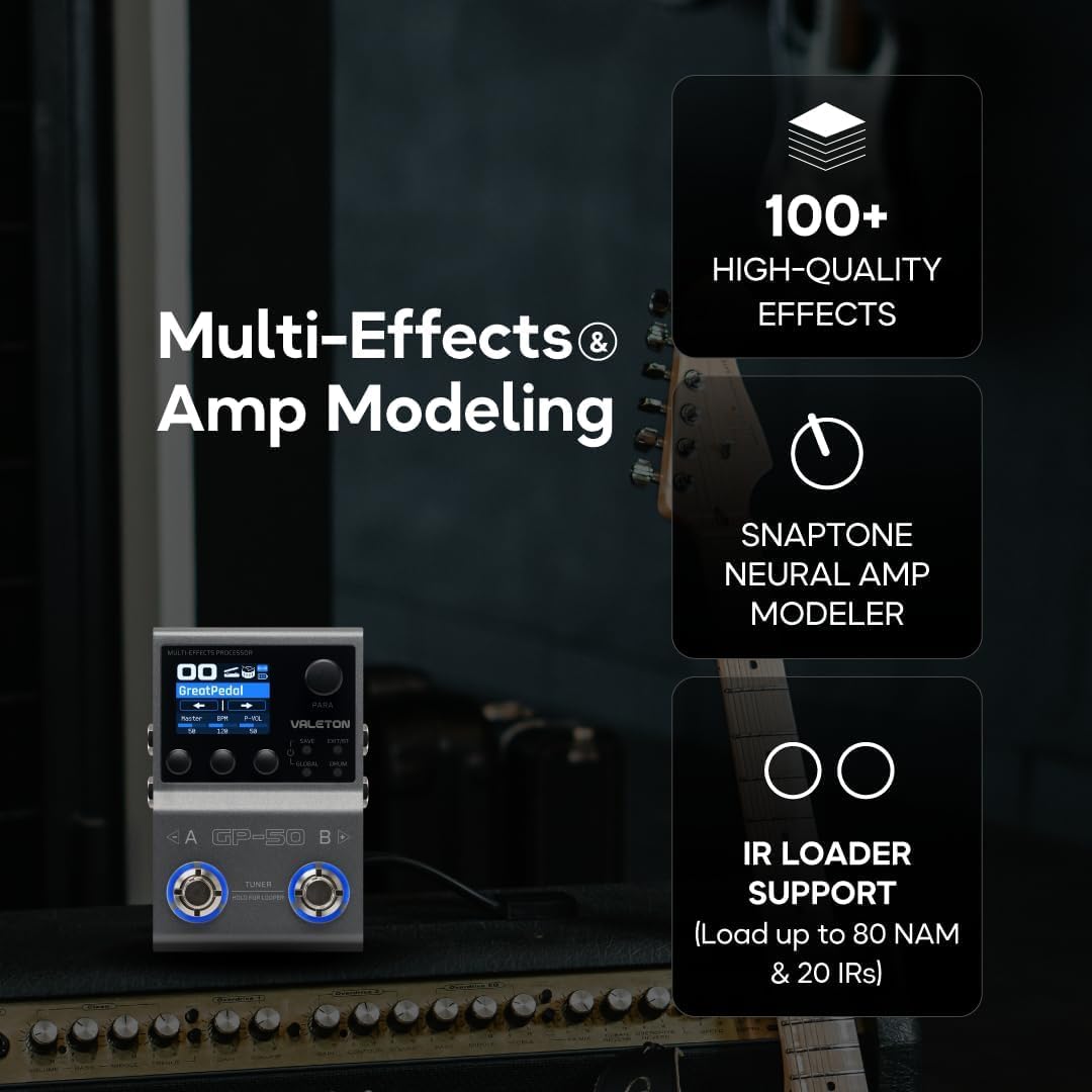Valeton GP-50 SnapTone Multi-Effects Gitarrenprozessor-Pedal mit Neural Amp Modeler, IR-Loader, USB-Audio-Interface, Drum Machine, Looper, Bluetooth, 100+ Effekten