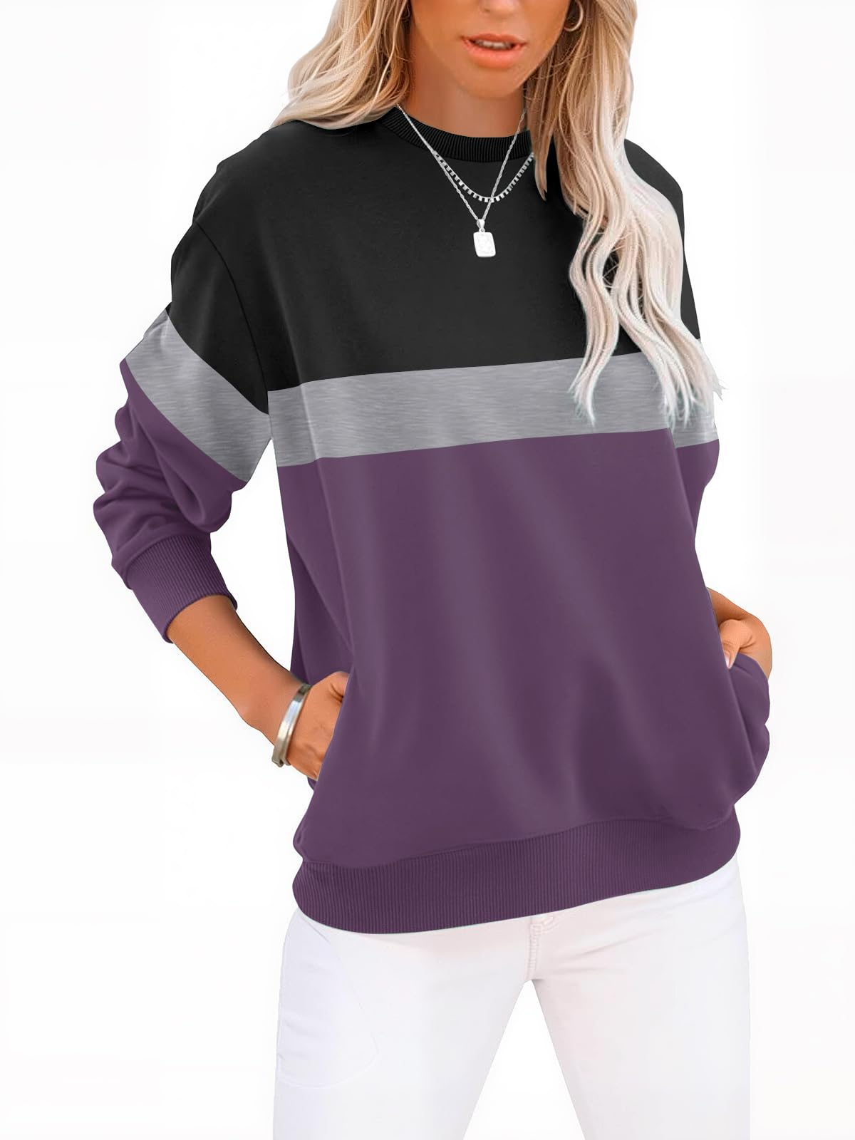 Womens Sweatshirts Cotton Crewneck Tops Long Sleeve Cute Lightweight Fall Winter Loose Casual Pullover with Pockets, Black Purple, Large-image-29