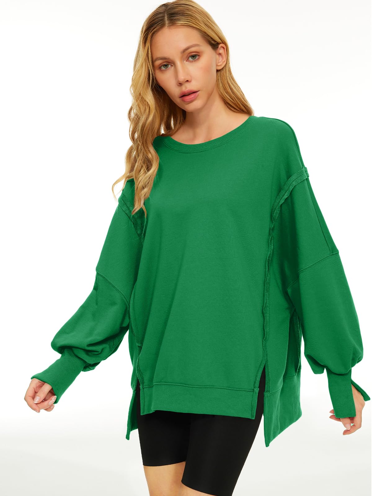 Damskie swetry oversize bluzy z okrągłym dekoltem bluzy zimowe modne ubrania Y2k nastolatki śliczne polarowe stroje 2024, Zielony trawiasty, L