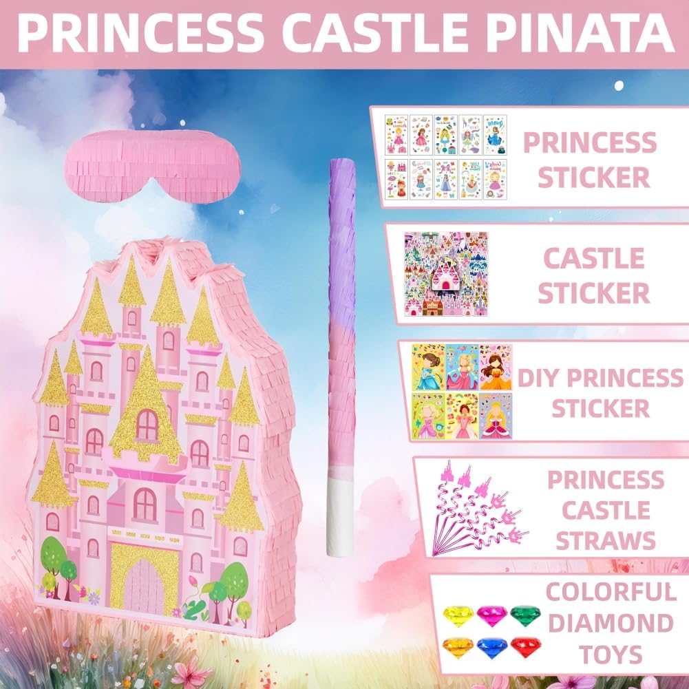 Princess Castle Pinata Set Pink Girls Princess Theme Birthday Party Decorations Castle Family Game Party Favors Supplies with Stickers Slap Bracelets Keychains Bands and Straws (16.1" X 12.4'') (Pink)