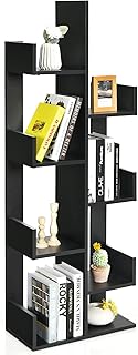 COSTWAY 8-Tier Tree Bookshelf, Wooden Bookcase Storage Shelving Unit with Anti-Toppling Device, Freestanding Magazine Book Display Rack for Home Office Living Room, 50x25x145cm (Black)