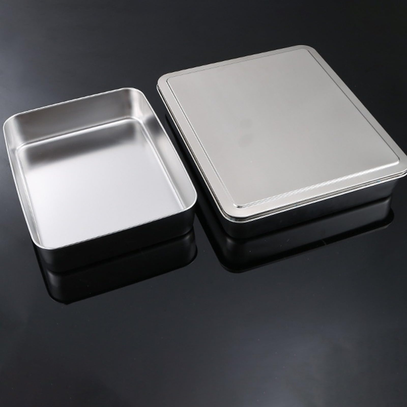 Molde para tartas de acero inoxidable con tapas transparentes, bandeja rectangular para hornear lasaña, brownies, 33 cm/44 cm, plateado, apto para lavavajillas (44 x 29 x 6.5)