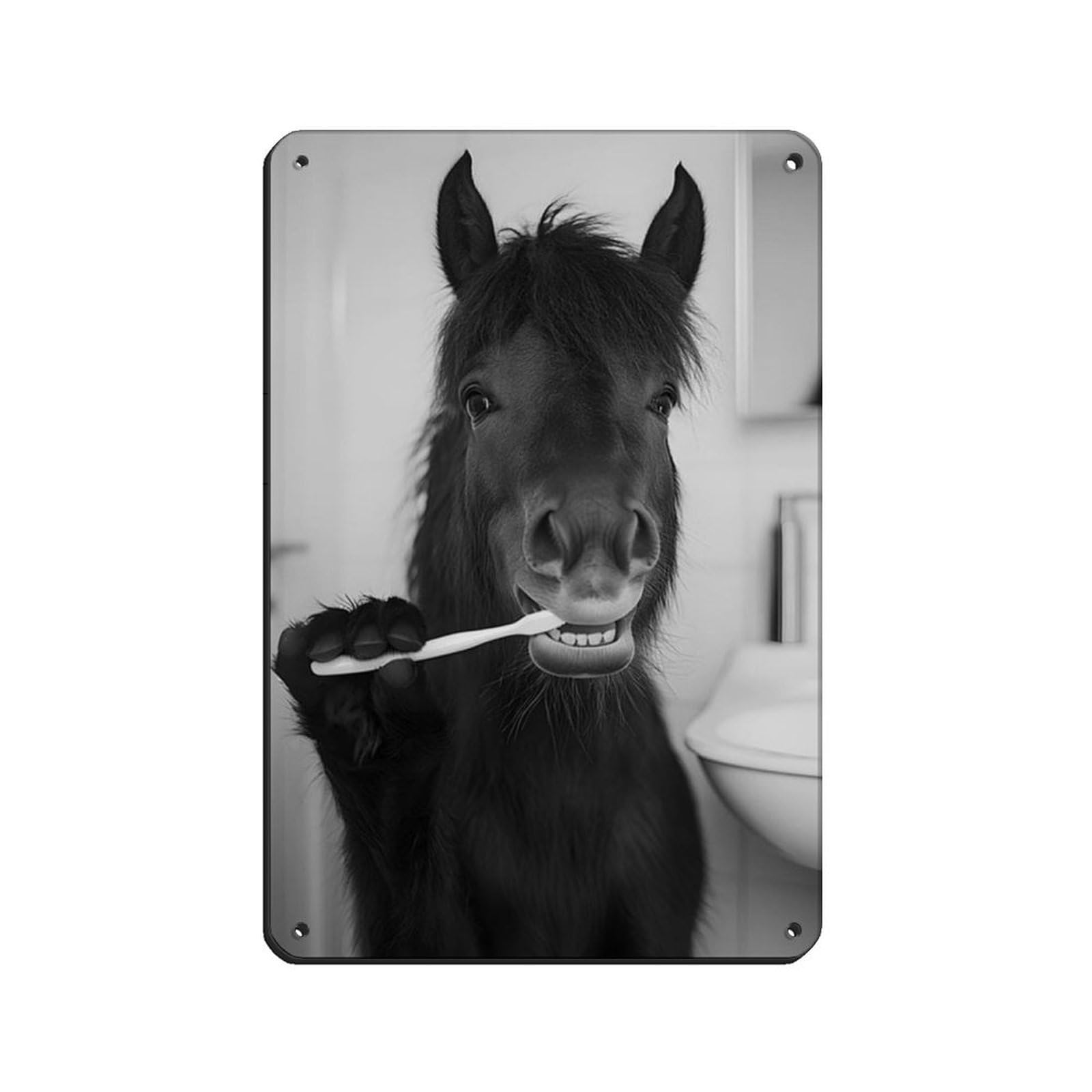 Horse Brushing Teeth, Funny Bathroom Art Retro Poster Metal Tin Sign Chic Art Retro Iron Painting Bar People Cave Cafe Family Garage Poster Wall Decoration 8x12inch(20x30cm)