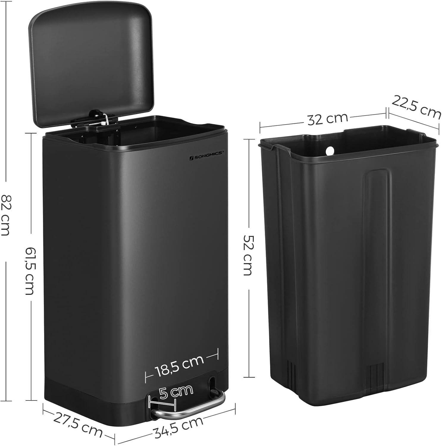 Buy SONGMICS Rubbish Bin, 30 L Kitchen Bin, Steel Pedal Bin with Inner